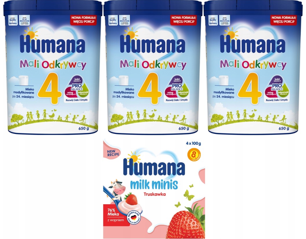 Pienas Humana 4, 3 x 650 g + Humana Milk Minis jogurtinis desertas